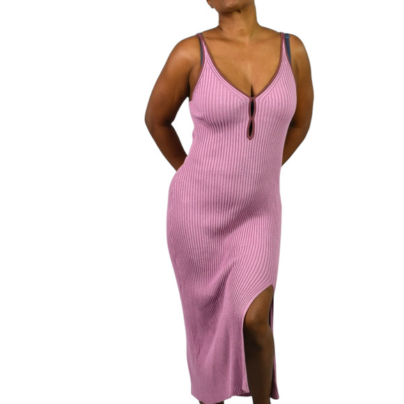 Abercrombie Fitch Elevated Knit Midi Dress Pink Ribbed Keyhole Slit Midi Slip XL - Picture 13 of 13
